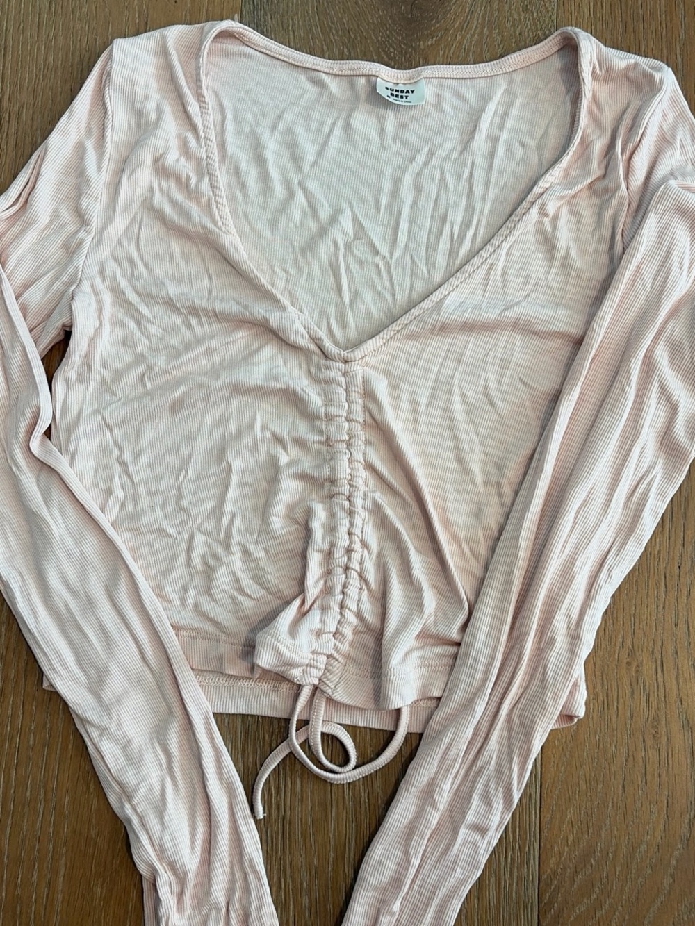 Sunday Best Light Pink Ribbed V-Neck Drawstring Long Sleeve Top